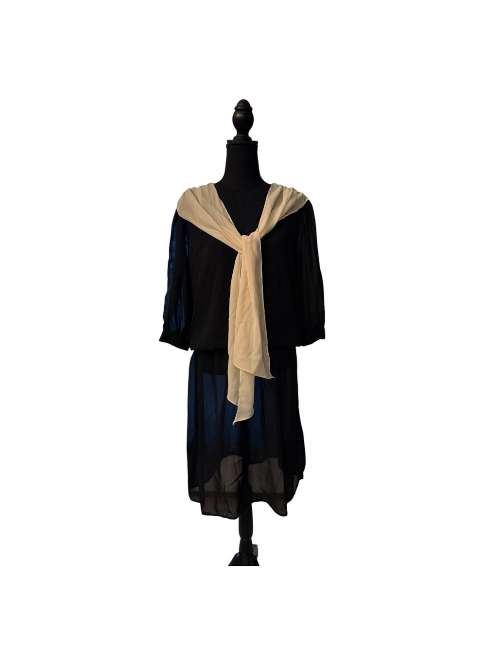 VINTAGE Robert Simmons Black and Cream Sheer Polyester Dress